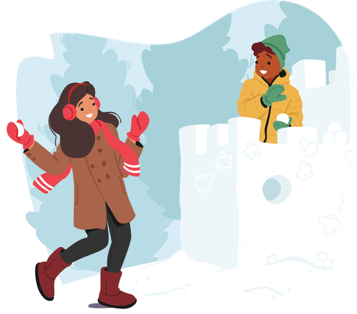 Niños risueños lanzan ataques nevados  Ilustración