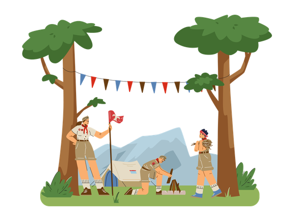 Los niños scouts acampan en el bosque cerca de las montañas mientras hacen una fogata cerca de una tienda de campaña.  Ilustración