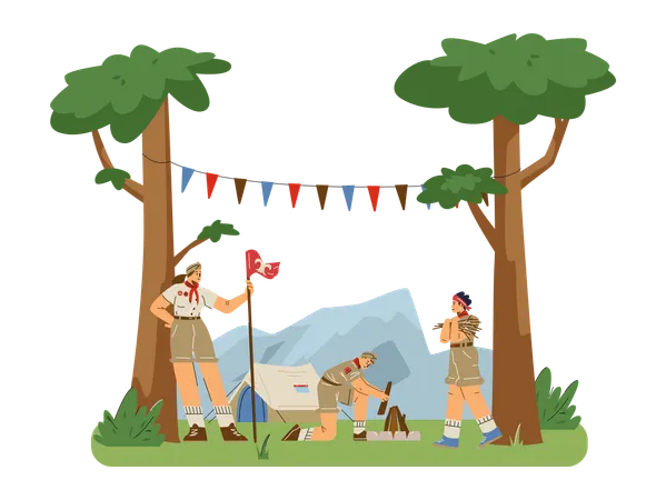 Los niños scouts acampan en el bosque cerca de las montañas mientras hacen una fogata cerca de una tienda de campaña.  Ilustración