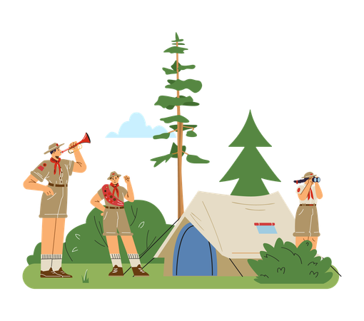 Niños scouts acampando en el bosque  Ilustración