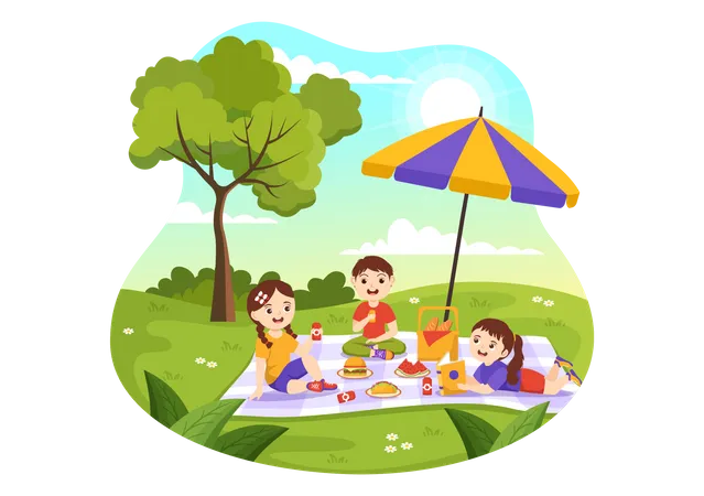 Niños sentados sobre la hierba verde en la naturaleza durante las vacaciones de verano  Ilustración