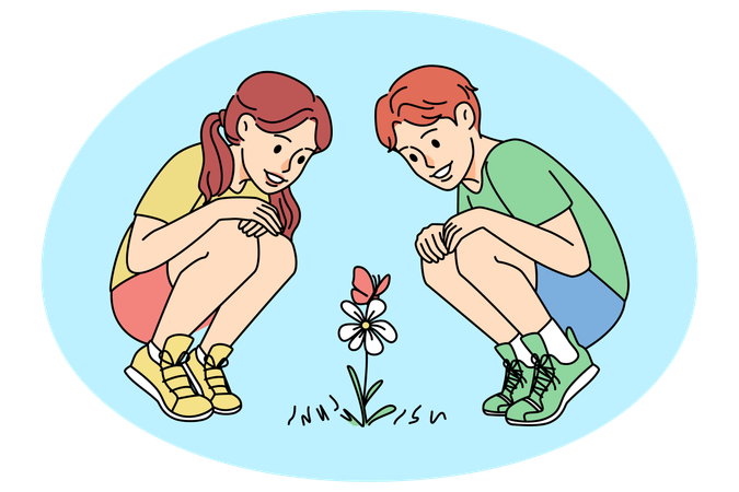 Niños sonrientes mirando flores  Ilustración