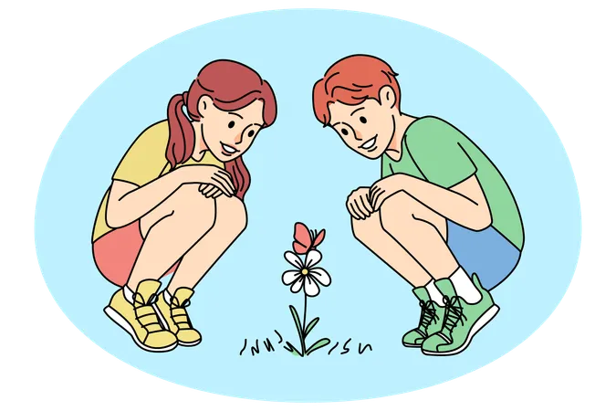 Niños sonrientes mirando flores  Ilustración