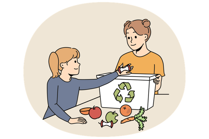 Niños sonrientes tiran residuos de comida en un contenedor ecológico  Ilustración