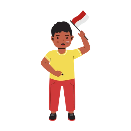 Niños sosteniendo una bandera y celebrando el día de la independencia de Indonesia.  Ilustración
