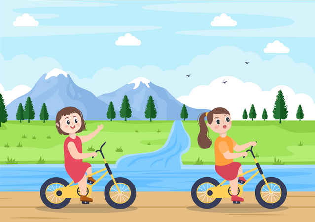 Niños usando bicicleta  Ilustración