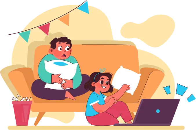 Niños viendo películas en casa en una computadora portátil  Ilustración