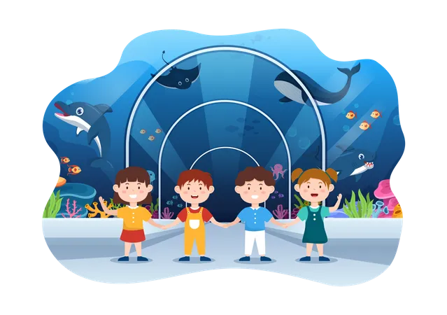 Niños visitando acuario de peces.  Ilustración