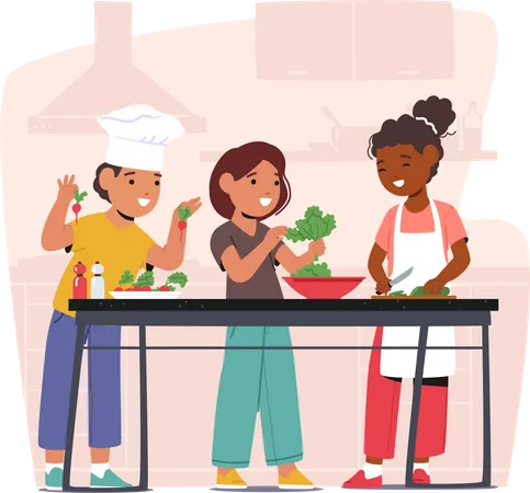 Niños vistiendo uniformes de chef y preparando ensalada de verduras  Ilustración