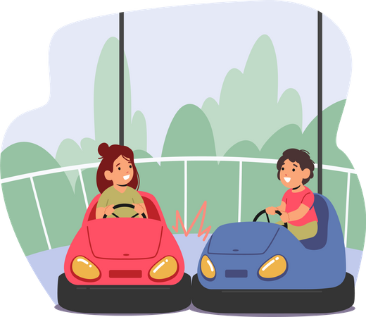 Niños y niñas montando carros o atracción de coches chocadores en el parque de atracciones  Ilustración