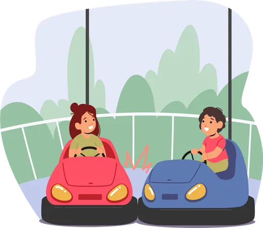 Niños y niñas montando carros o atracción de coches chocadores en el parque de atracciones  Ilustración