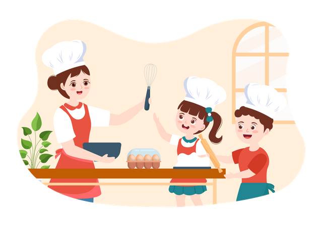 Niños y profesores en una clase aprendiendo a cocinar.  Ilustración