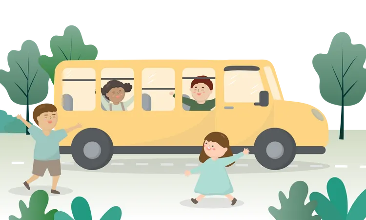 Niños yendo a la escuela en autobús escolar  Ilustración