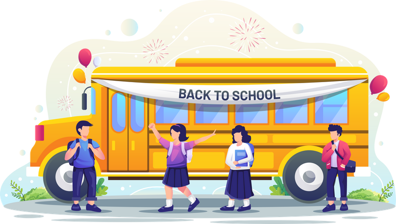Niños yendo a la escuela en autobús  Ilustración