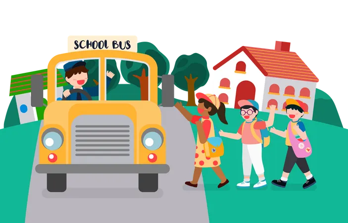 Niños yendo a la escuela tomando el autobús escolar  Ilustración