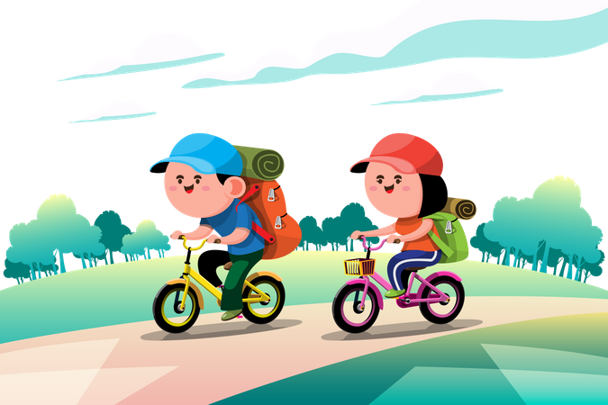 Niños yendo de picnic mientras andan en bicicleta  Ilustración