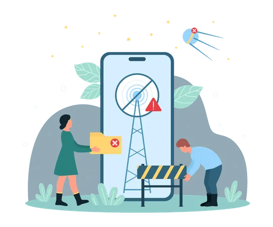 Cartoon Tiny People Holding Folder And Road Barrier Antenna With Exclamation Mark On Mobile Phone Screen No Signal Warning Message Lost Or Bad Internet Connection Problem Dark Vector Illustration Illustration