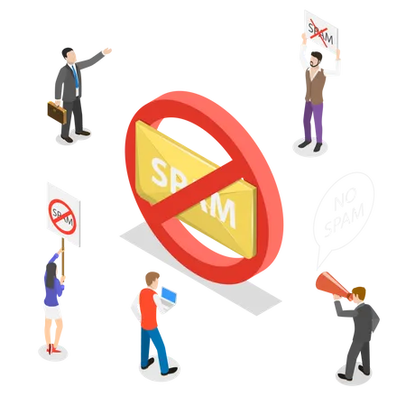 Isometric Flat Vector Concept Of No Spam Warning Sign Illustration