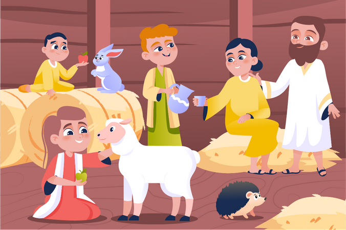Noah com a família no navio  Ilustração