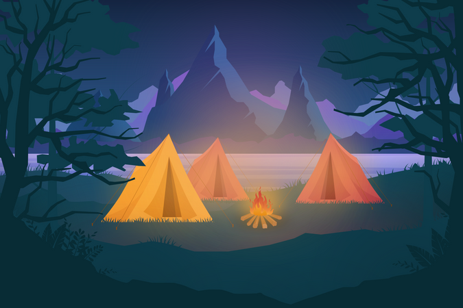 Camping nocturno de aventura en la naturaleza al aire libre  Ilustración