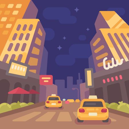 Calle de la ciudad moderna de noche con vista en perspectiva baja de taxis  Ilustración
