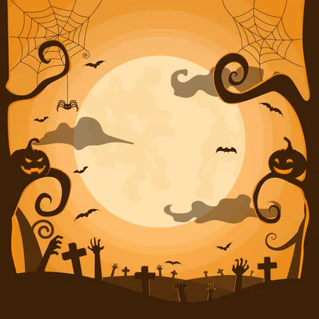 Fondo De La Noche De Halloween En El Cementerio Con Calabazas Murcielagos Luna Llena Arana Manos De Zombies Y Espacio Para El Texto De Las Vacaciones De Halloween Ilustración