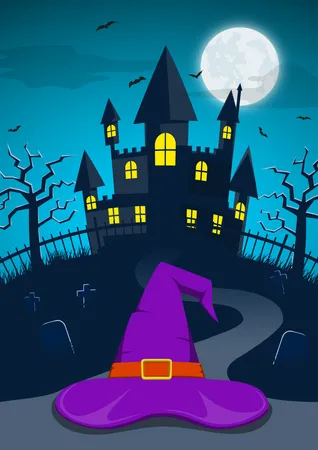 Noche de Halloween con sombrero de bruja y espeluznante castillo embrujado  Ilustración