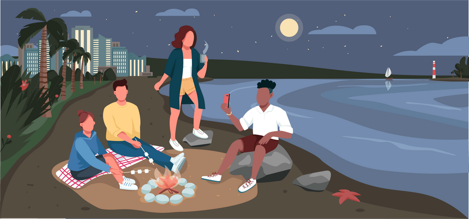Picnic nocturno de amigos en la playa de arena  Ilustración