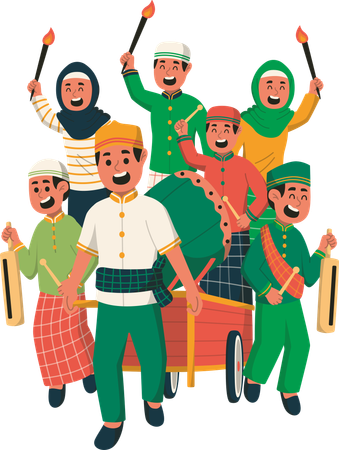 Noche de Takbiran dando la bienvenida al Eid al Fitr con tambor Bedug y antorcha  Ilustración