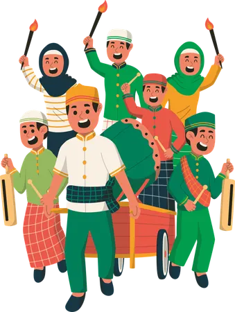 Noche de Takbiran dando la bienvenida al Eid al Fitr con tambor Bedug y antorcha  Ilustración