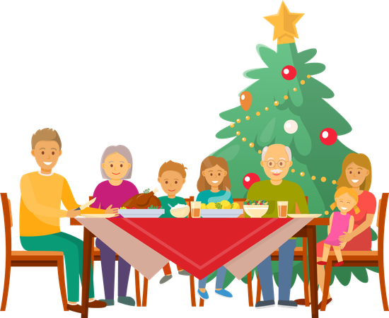 Famille de Noël ayant un dîner de célébration à la maison  Illustration