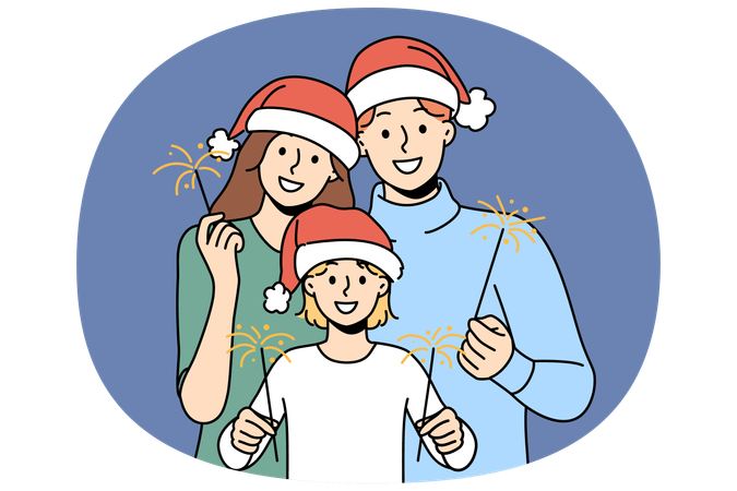 Une famille de Noël composée d'un père, d'une mère et d'un enfant souriant utilise des cierges magiques pour célébrer les vacances du Nouvel An  Illustration