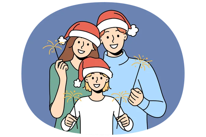 Une famille de Noël composée d'un père, d'une mère et d'un enfant souriant utilise des cierges magiques pour célébrer les vacances du Nouvel An  Illustration