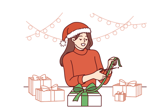 Une femme de Noël fait des cadeaux de ses propres mains  Illustration