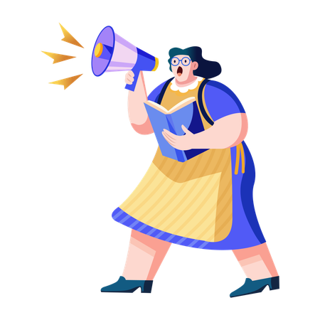 Noisy librarian holding a loudspeaker and book  Illustration