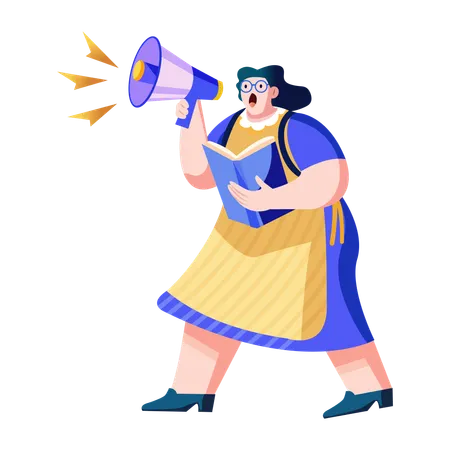 Noisy librarian holding a loudspeaker and book  Illustration