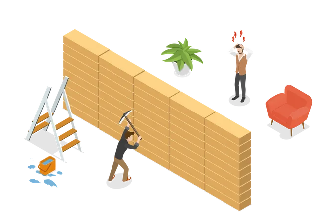 3 D Isometric Flat Vector Conceptual Illustration Of Noisy Neighbor Man Annoyed By Noise From Neighboring Apartment Illustration