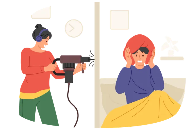 Noisy neighbor with perforator disturbs sleep of man lying in bed and covering ears with pillow  Illustration