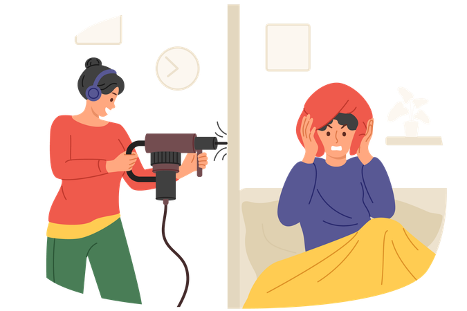 Noisy neighbor with perforator disturbs sleep of man lying in bed and covering ears with pillow  Illustration