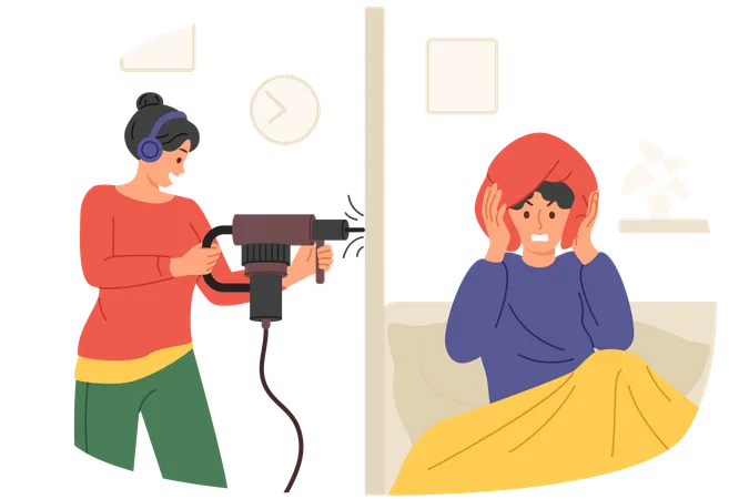 Noisy Female Neighbor With Perforator Disturbs Sleep Of Man Lying In Bed And Covering Ears With Pillow Bad Neighbor Renovation Causes Discomfort For Guy And Headaches With Migraines Illustration