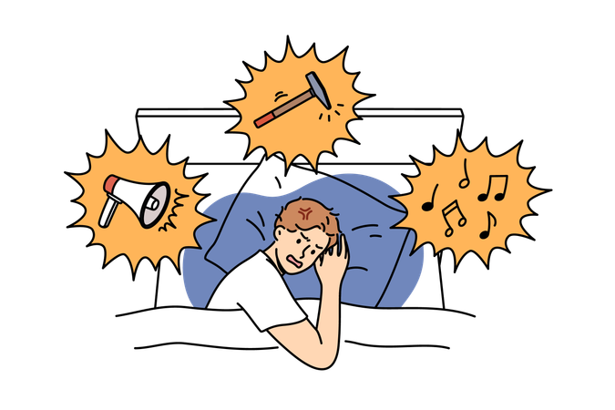 Noisy neighbours disturb sleep of irritated man lying in bed at night and in need of sleeping pills  Illustration