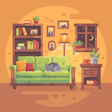 Interior Confortavel Do Quarto Com Livros E Um Gato Dormindo Em Um Sofa Ilustração