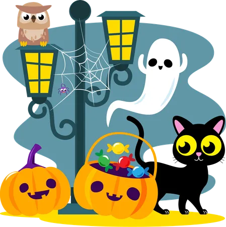 Saudação de Halloween com personagens de abóbora, fantasma, gato preto e Halloween  Ilustração