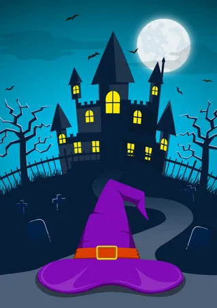 Noite de Halloween com chapéu de bruxa e castelo assombrado assustador  Ilustração