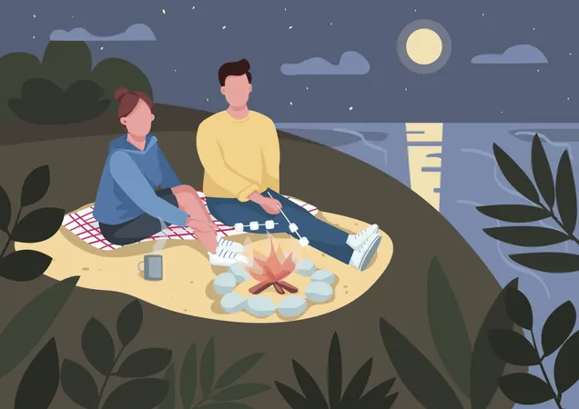 Encontro romântico à noite na praia  Ilustração