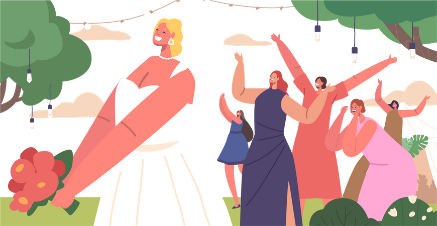 Noiva lança buquê de casamento para convidados solteiros  Ilustração