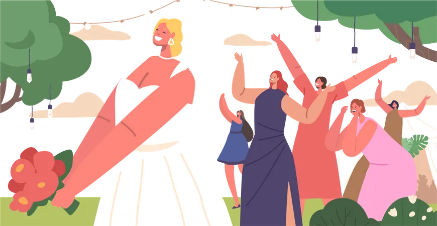 Noiva Lanca Buque De Casamento Para Convidados Solteiros Simbolizando A Transmissao De Felicidade E Boa Sorte Acredita Se Que Pegar O Buque Traz Sorte E O Proximo Casamento Ilustra O Vetorial De Desenho Animado Ilustração