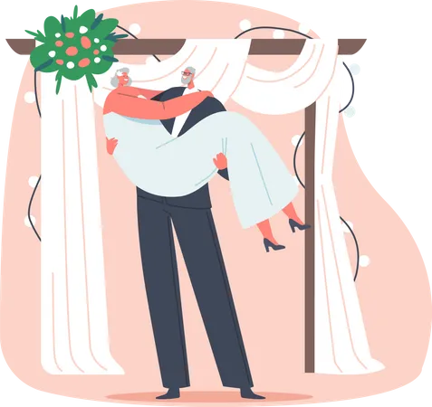 Noivo idoso segurando a noiva nas mãos  Ilustração