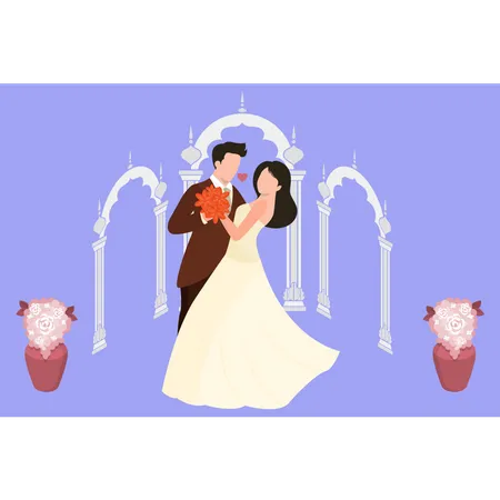 Noivo segura a noiva nos braços de maneira romântica  Ilustração