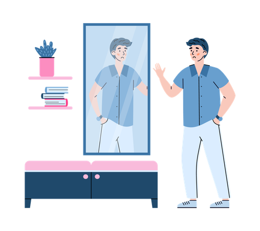 Non-confident young man in front of mirror  Illustration